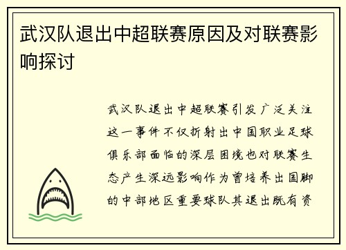 武汉队退出中超联赛原因及对联赛影响探讨