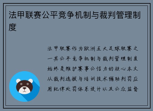 法甲联赛公平竞争机制与裁判管理制度